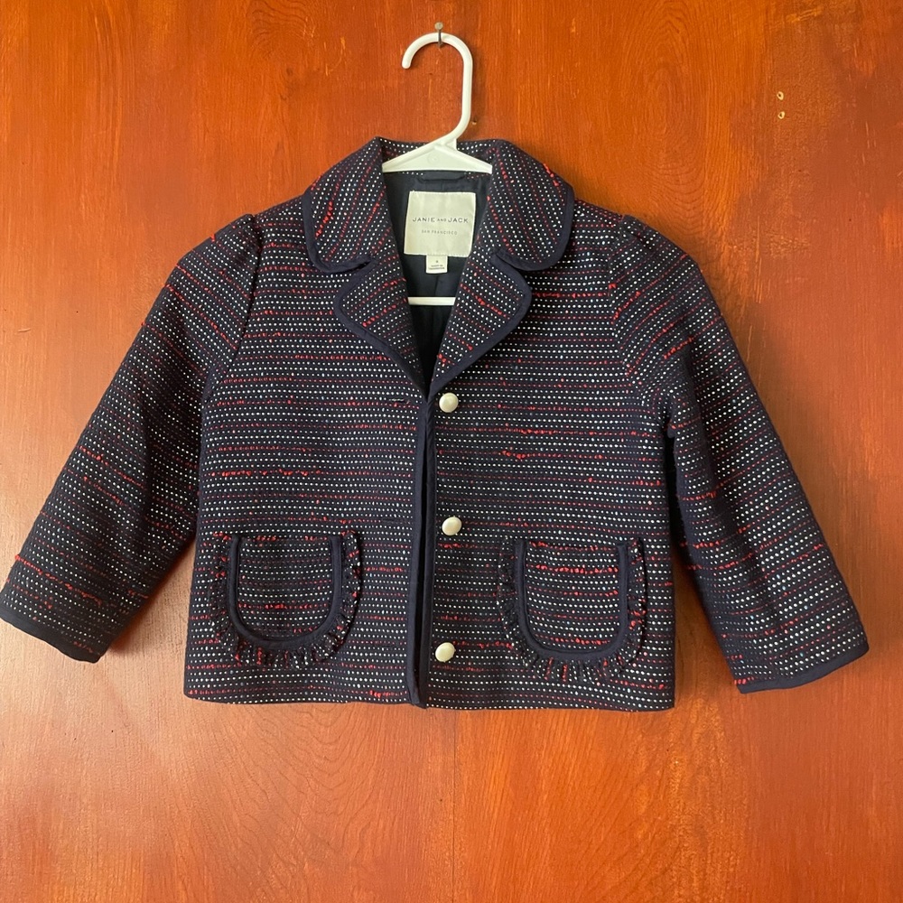 Janie & Jack tweed blazer in Navy with red accents. Metal button. Size 8.